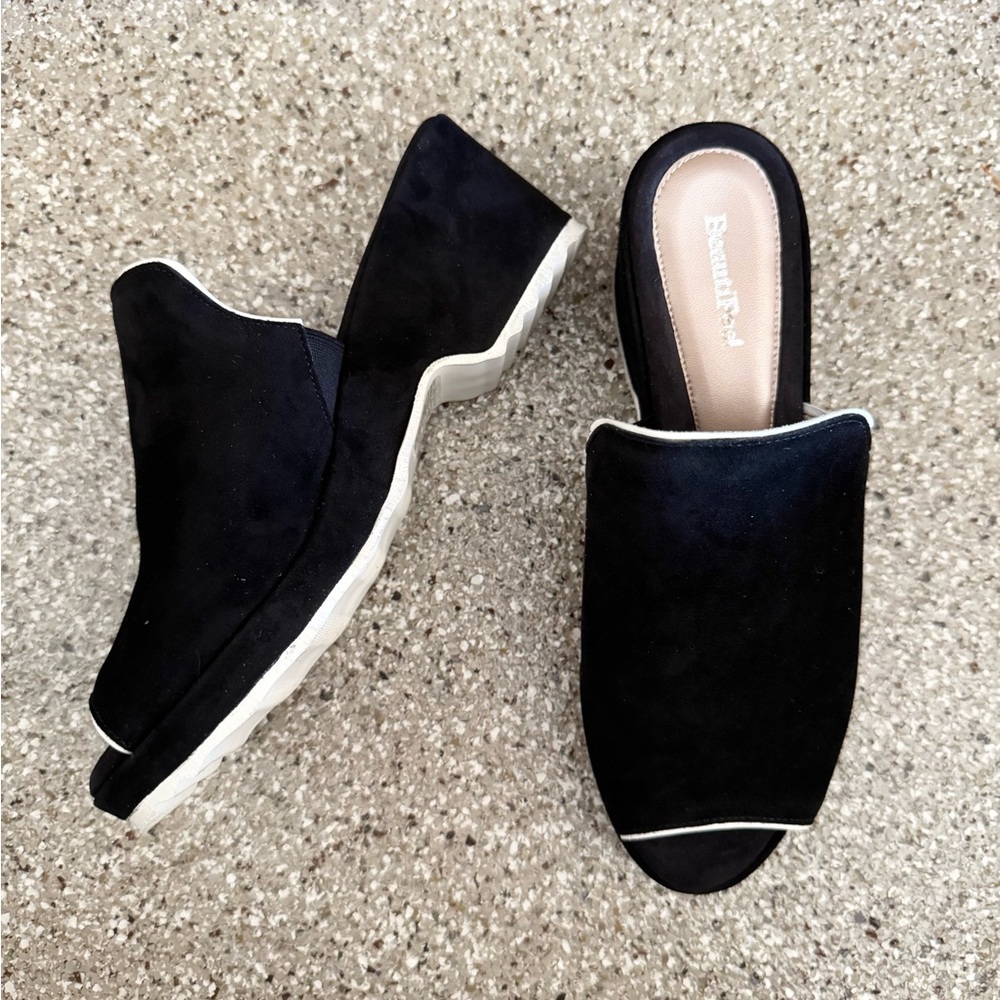 Beautifeel black velvet leather heel mule slip on slides 38